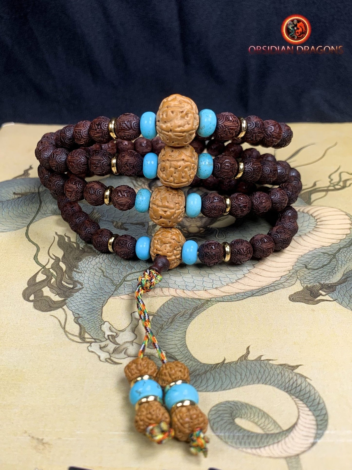 Mala artisanal- Santal rouge, turquoise et Rudraksha