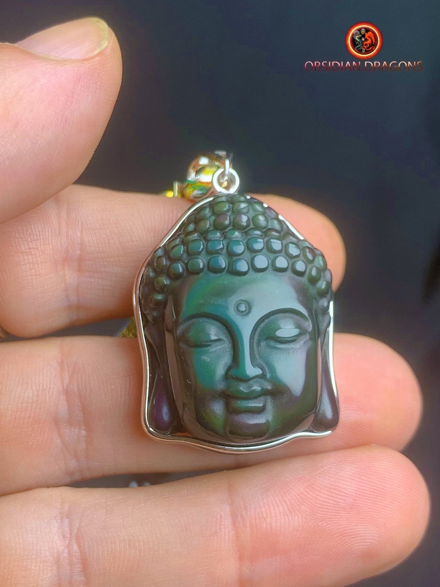 Mala artisanal en obsidienne oeil celeste- Pendentif bouddha