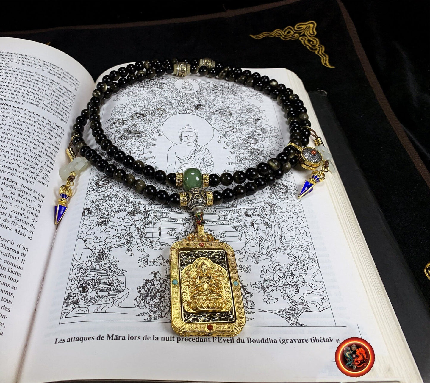Mala, chapelet bouddhiste tibetain 108 perles d'obsidiennes dorées de qualité A+. Jade, argent 925, cuivre, or, Amulette Manjushri. - obsidian dragon