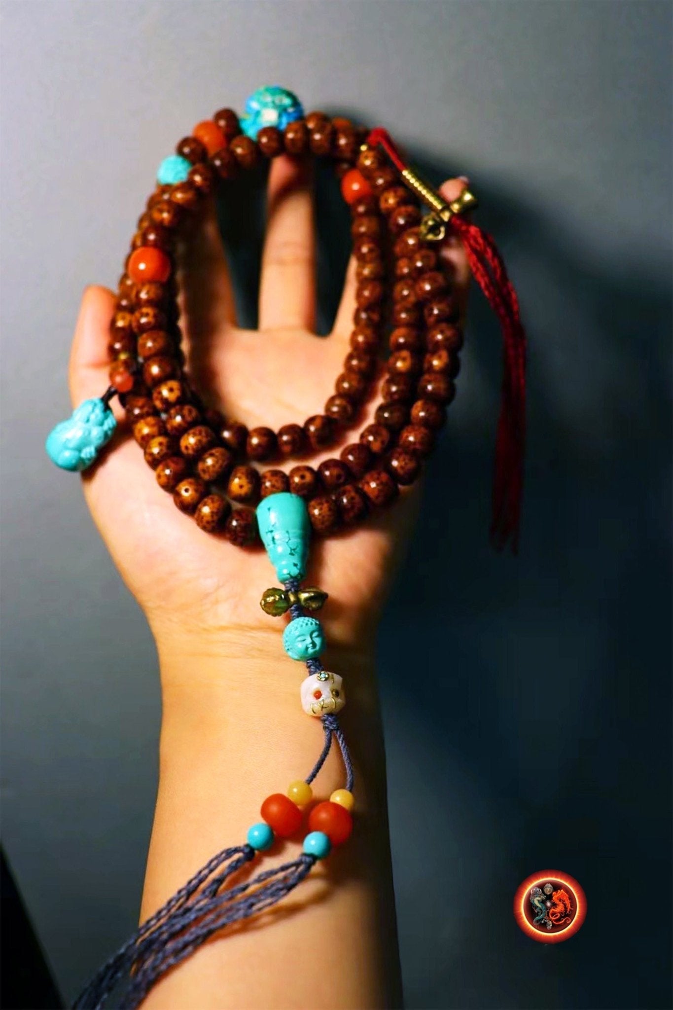 Mala chapelet bouddhiste 108 perles de pipal (bodhi). Turquoise. Agate nan hong du Yunnan. Dragon en bois de cerf. mala traditionnel. - obsidian dragon