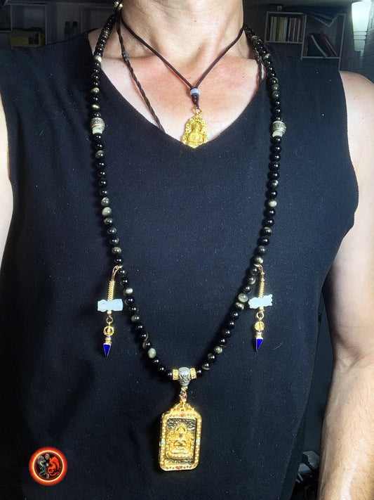 Mala, chapelet bouddhiste tibetain 108 perles d'obsidiennes dorées de qualité A+. Jade, argent 925, cuivre, or, Amulette Manjushri. - obsidian dragon