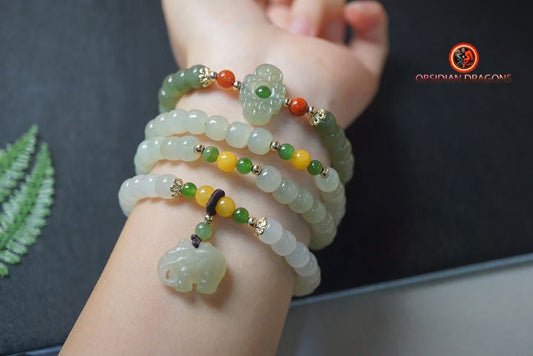 Mala, chapelet bouddhiste traditionnel zen. 108 perles de jade vert. Prières et méditation - obsidian dragon