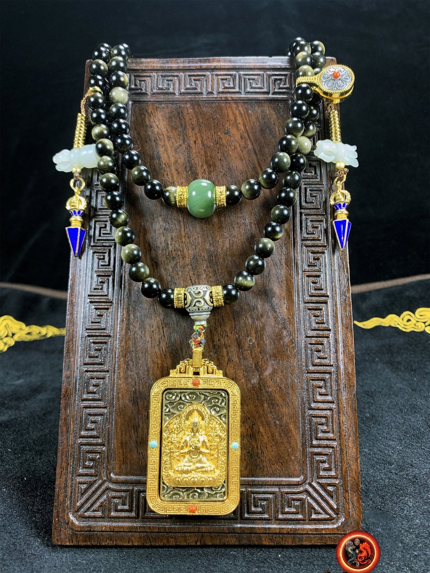 Mala, chapelet bouddhiste tibetain 108 perles d'obsidiennes dorées de qualité A+. Jade, argent 925, cuivre, or, Amulette Manjushri. - obsidian dragon
