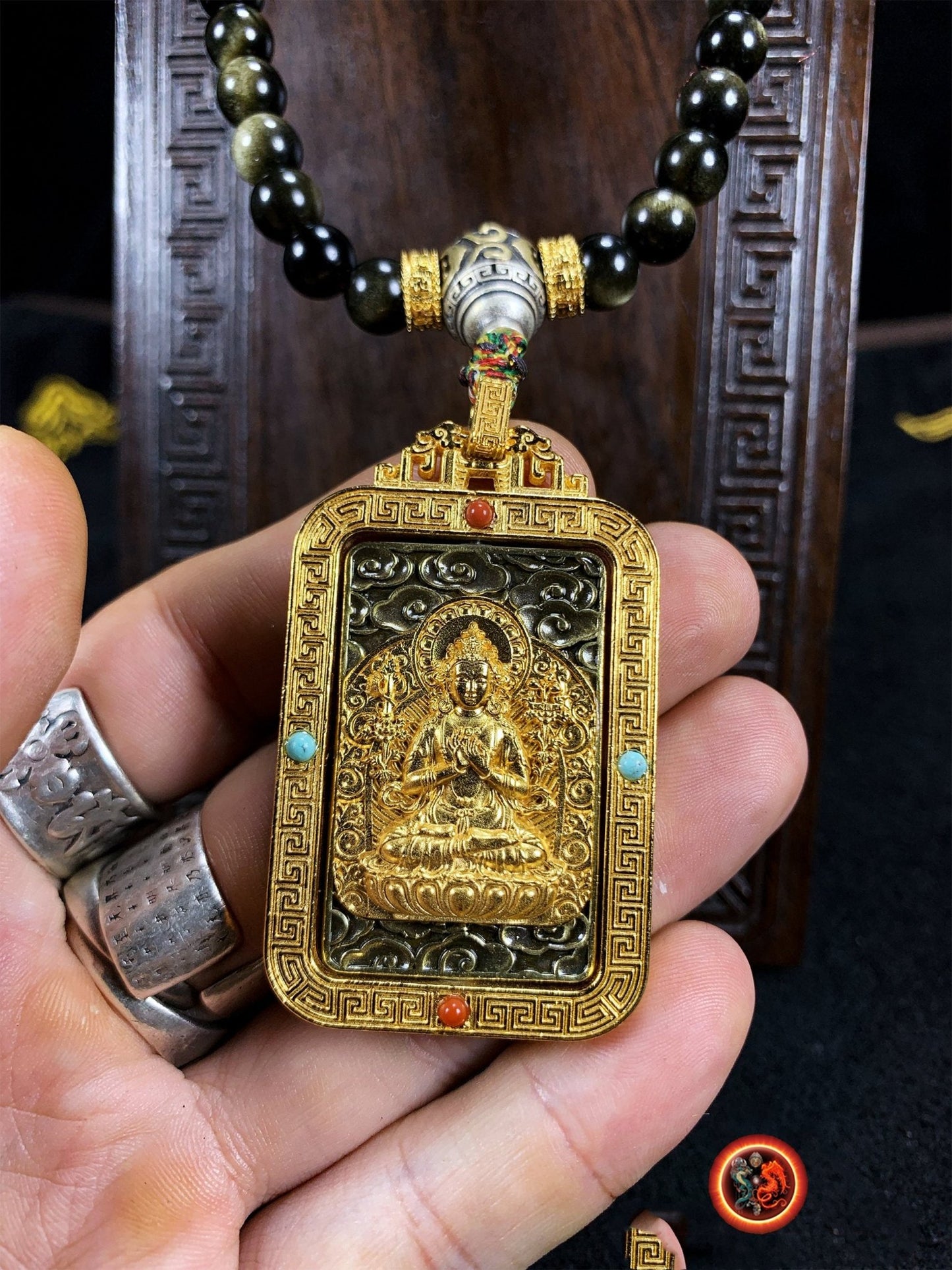 Mala, chapelet bouddhiste tibetain 108 perles d'obsidiennes dorées de qualité A+. Jade, argent 925, cuivre, or, Amulette Manjushri. - obsidian dragon