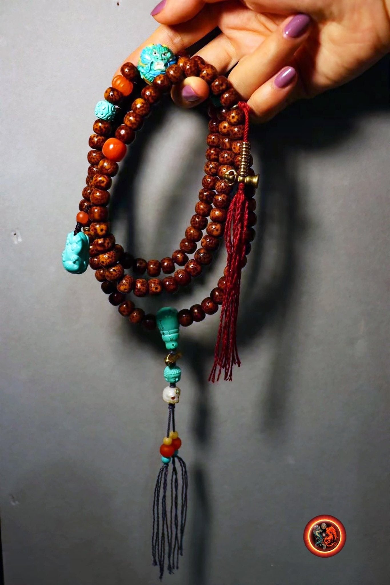 Mala chapelet bouddhiste 108 perles de pipal (bodhi). Turquoise. Agate nan hong du Yunnan. Dragon en bois de cerf. mala traditionnel. - obsidian dragon