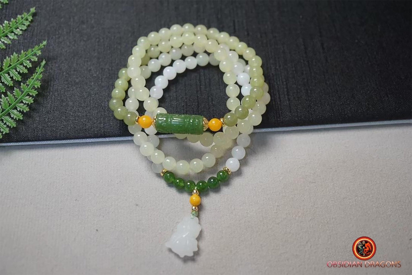 Chapelet mala en jade naturel. Collier de prière et de méditation bouddhiste - obsidian dragon
