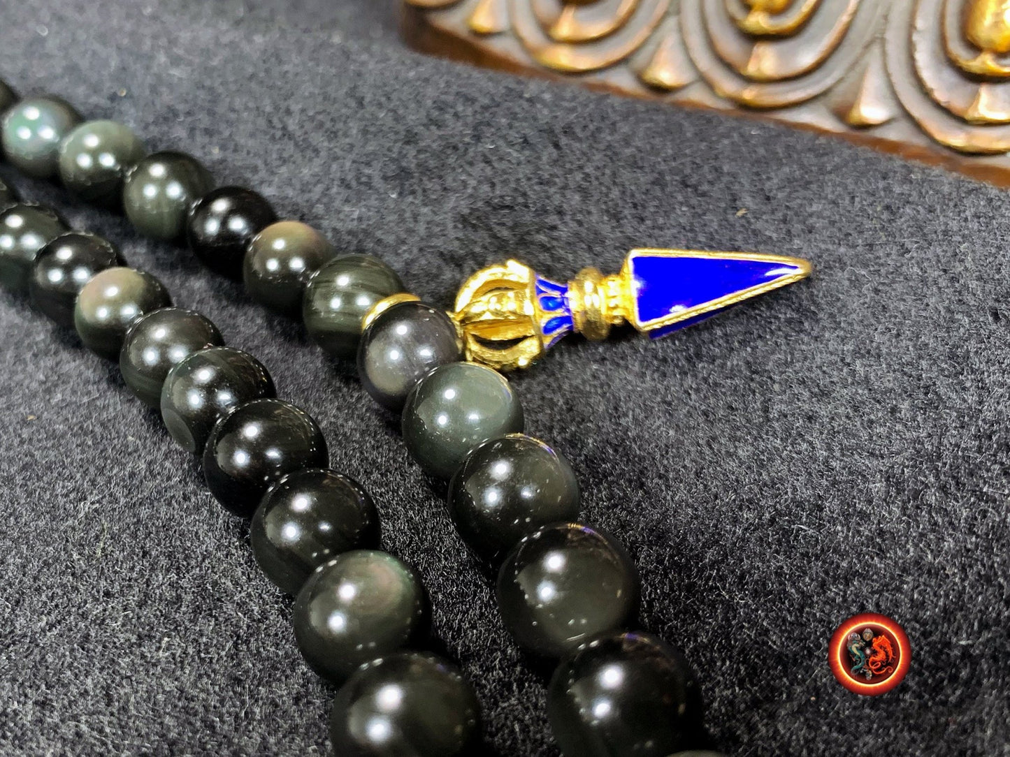 Mala, chapelet bouddhiste, tibetain. 108 perles d'obsidienne oeil celeste, malachite. Argent 925, cuivre plaqué or 18k, turquoise, agate. - obsidian dragon