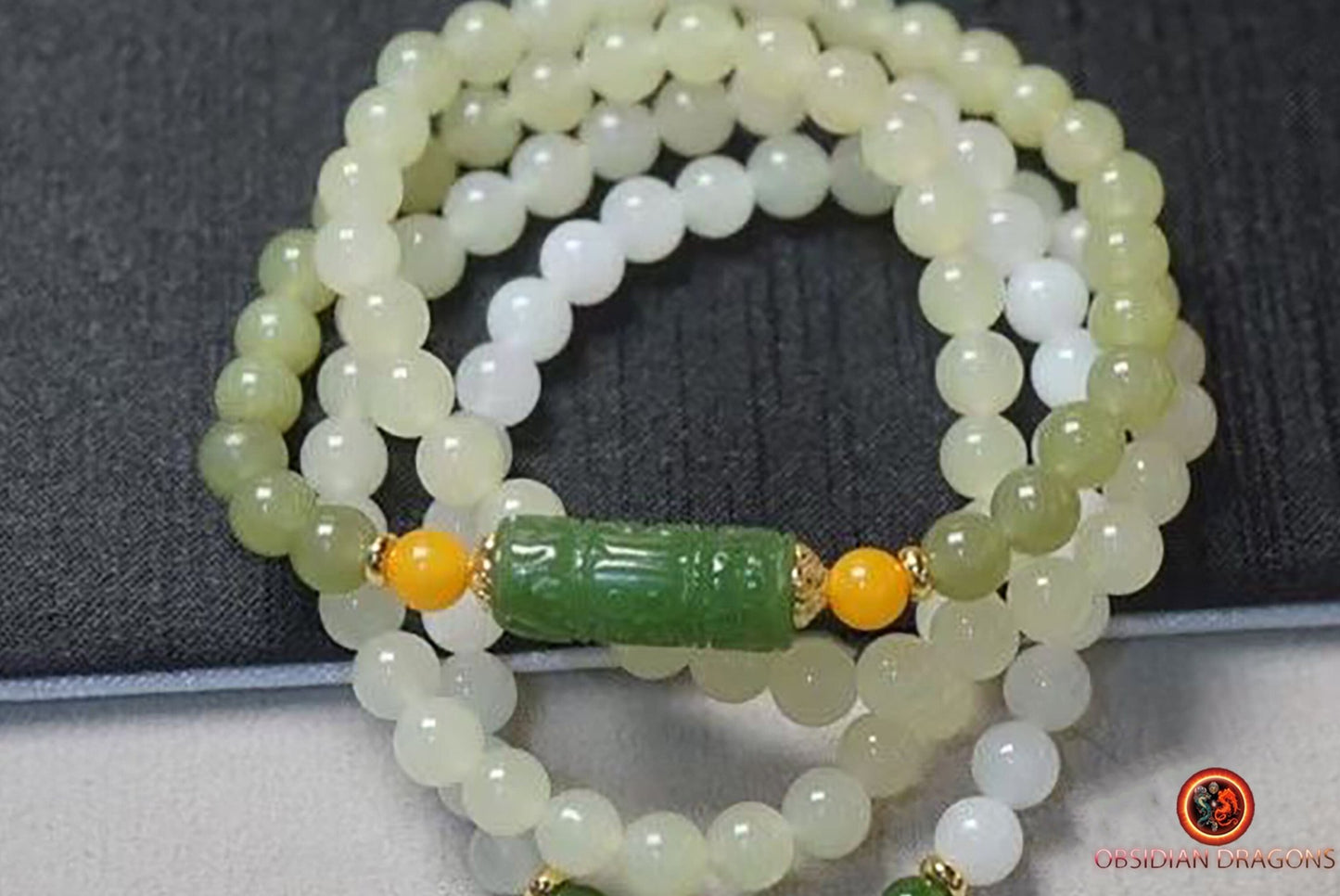 Chapelet mala en jade naturel. Collier de prière et de méditation bouddhiste - obsidian dragon