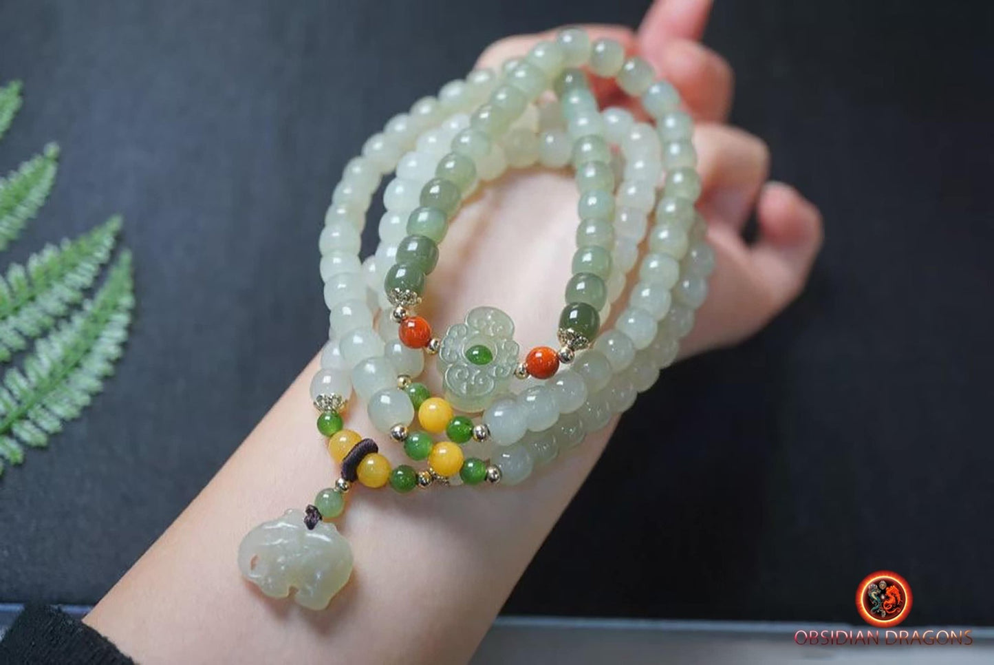 Mala, chapelet bouddhiste traditionnel zen. 108 perles de jade vert. Prières et méditation - obsidian dragon
