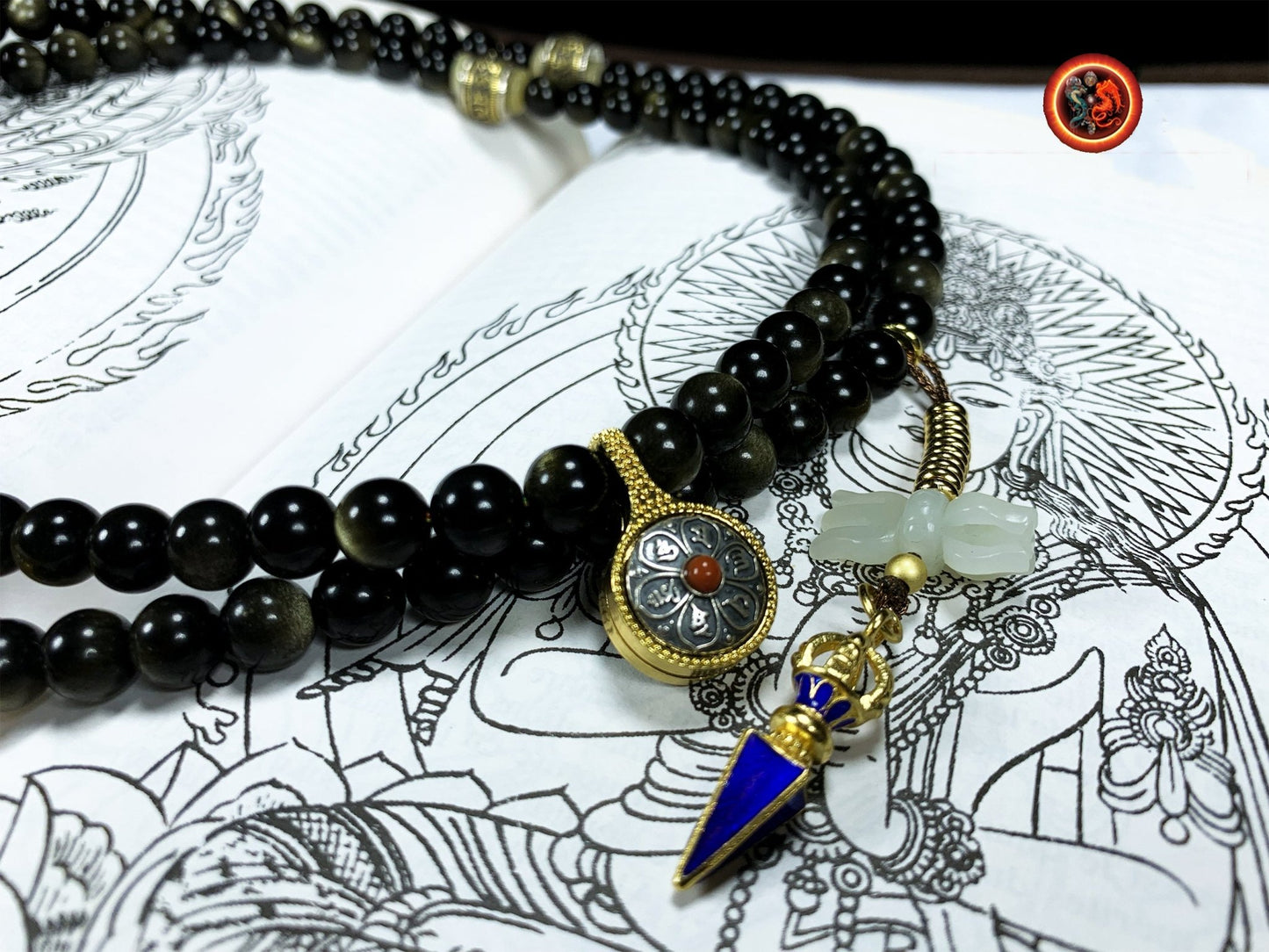 Mala, chapelet bouddhiste tibetain 108 perles d'obsidiennes dorées de qualité A+. Jade, argent 925, cuivre, or, Amulette Manjushri. - obsidian dragon