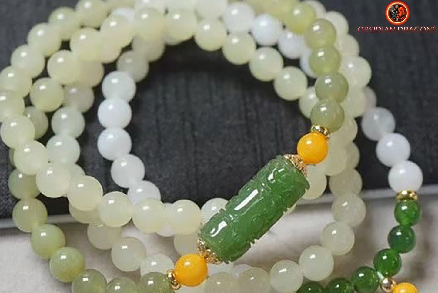 Chapelet mala en jade naturel. Collier de prière et de méditation bouddhiste - obsidian dragon