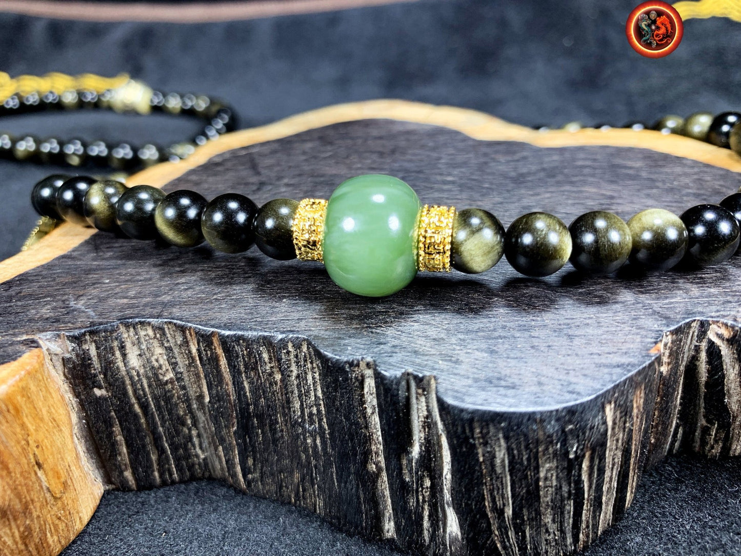 Mala, chapelet bouddhiste tibetain 108 perles d'obsidiennes dorées de qualité A+. Jade, argent 925, cuivre, or, Amulette Manjushri. - obsidian dragon