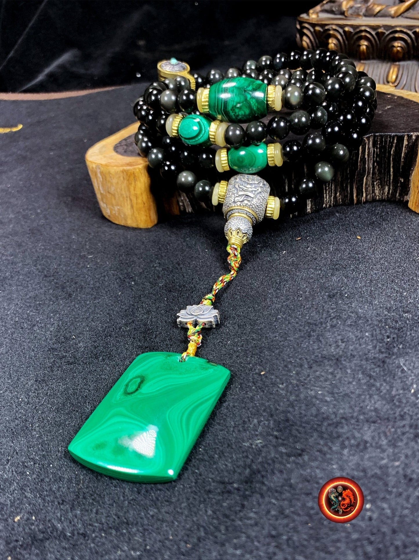 Mala, chapelet bouddhiste, tibetain. 108 perles d'obsidienne oeil celeste, malachite. Argent 925, cuivre plaqué or 18k, turquoise, agate. - obsidian dragon