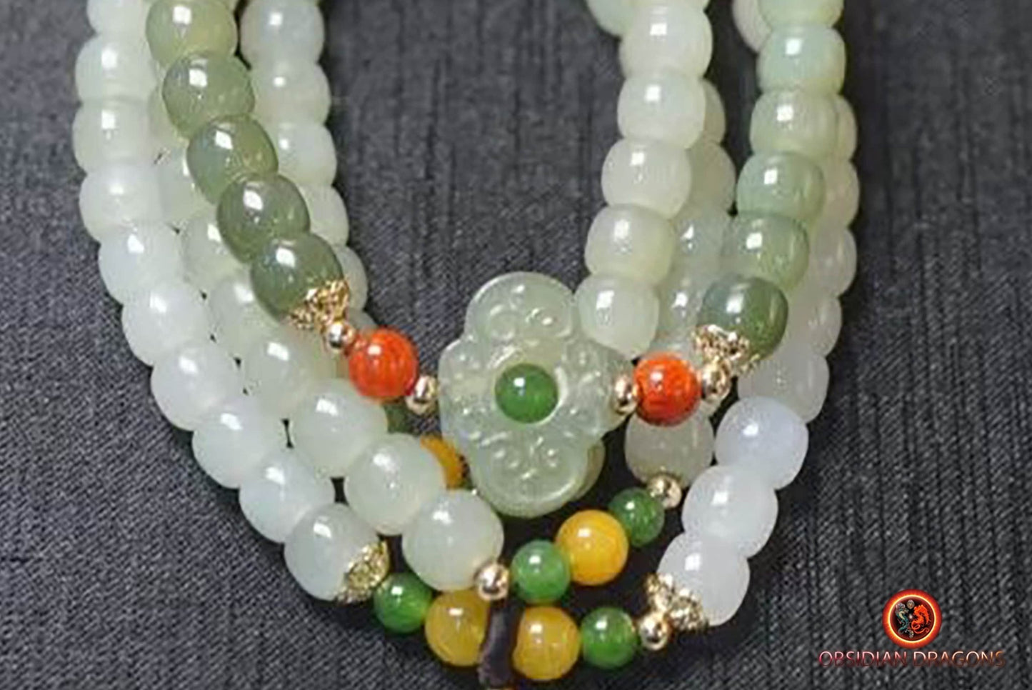 Mala, chapelet bouddhiste traditionnel zen. 108 perles de jade vert. Prières et méditation - obsidian dragon
