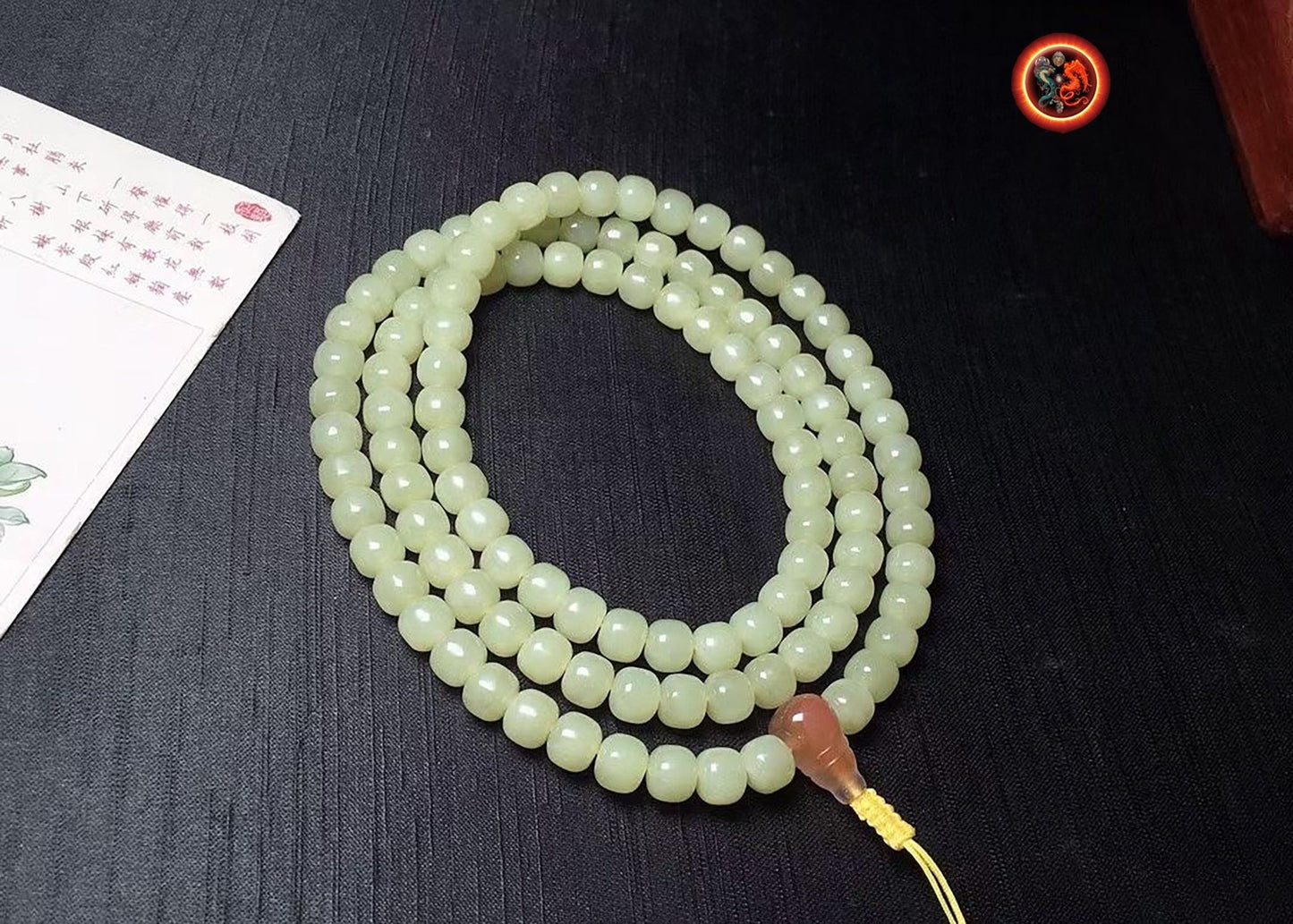 Mala chapelet bouddhiste Prière et méditation 108 perles de jade Nephrite exceptionnel entièrement naturel sans aucun traitement expertisé - obsidian dragon