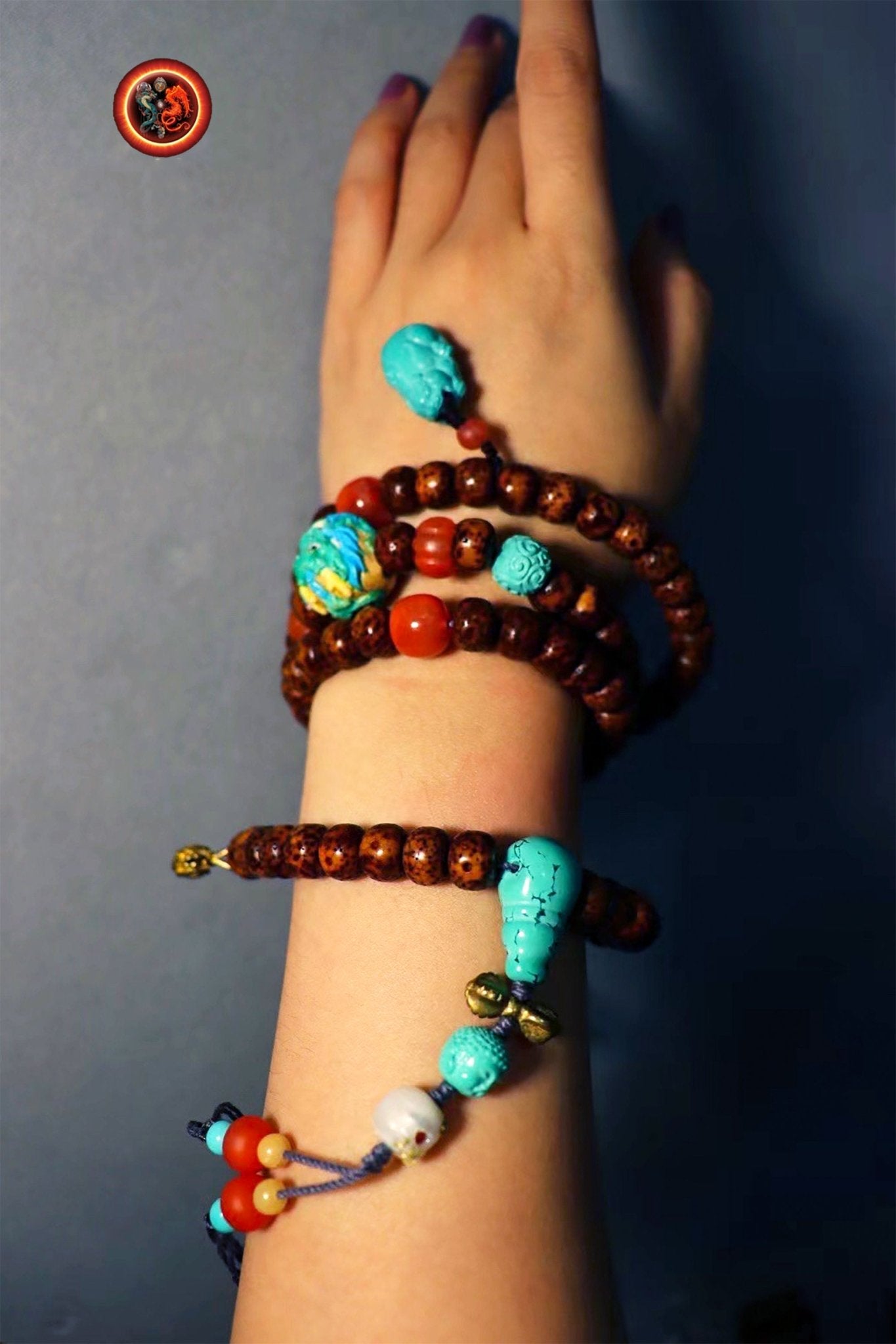 Mala chapelet bouddhiste 108 perles de pipal (bodhi). Turquoise. Agate nan hong du Yunnan. Dragon en bois de cerf. mala traditionnel. - obsidian dragon
