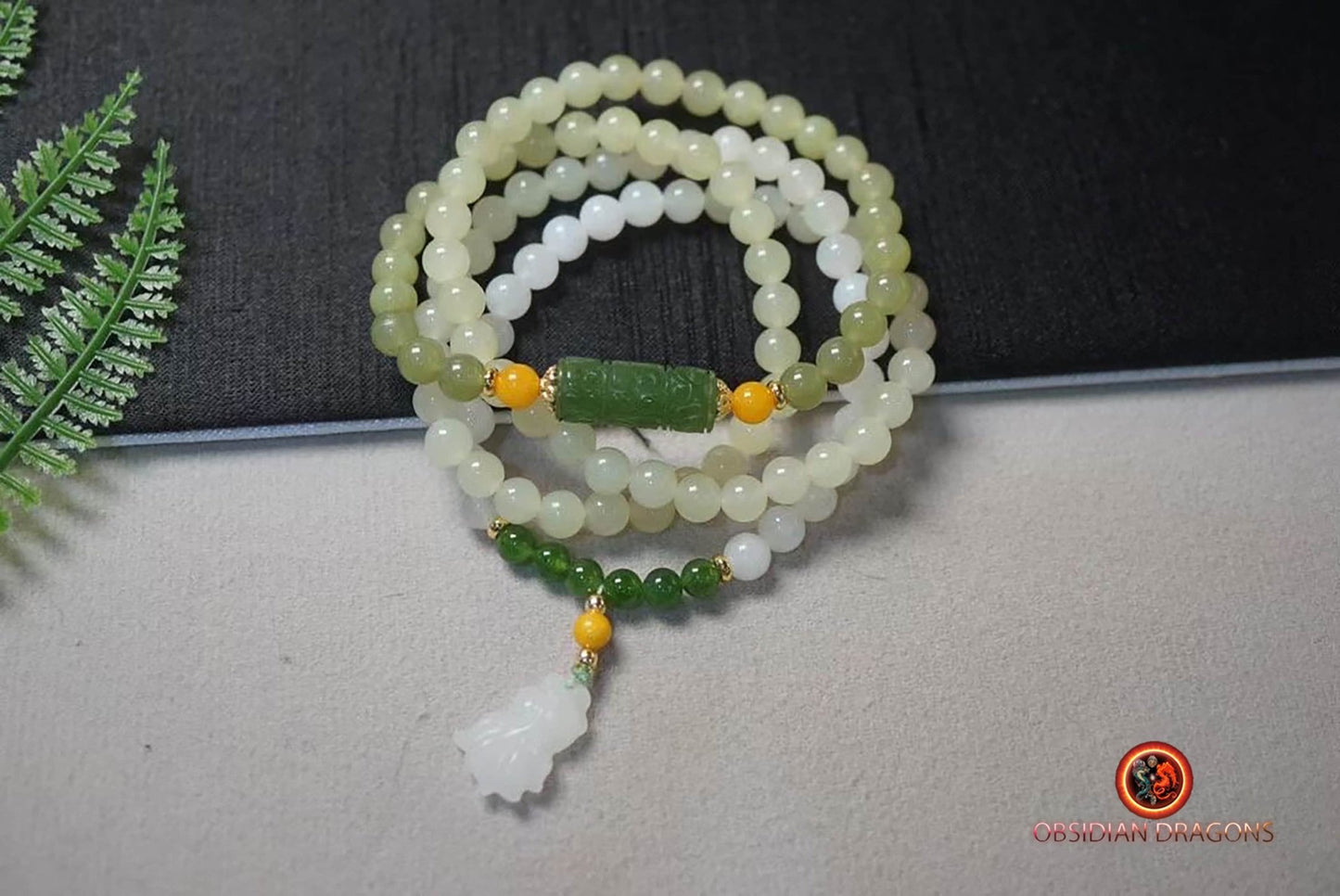 Chapelet mala en jade naturel. Collier de prière et de méditation bouddhiste - obsidian dragon