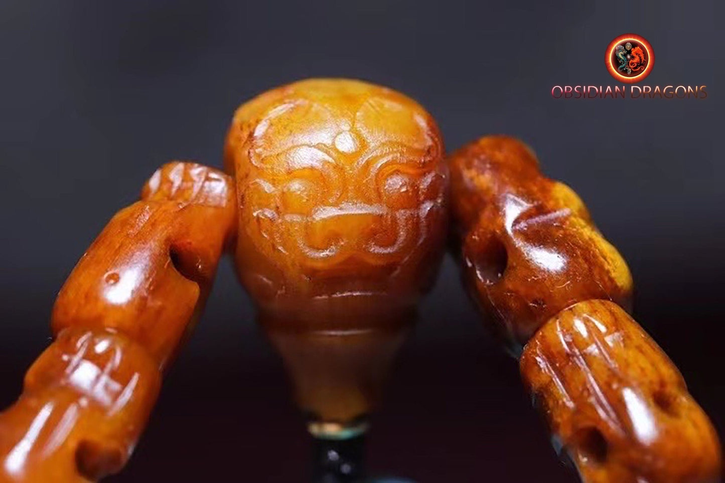 Mala, chapelet bouddhiste traditionnel tantrique tibétain. 108 perles d'os de buffle. Prières et méditation - obsidian dragon
