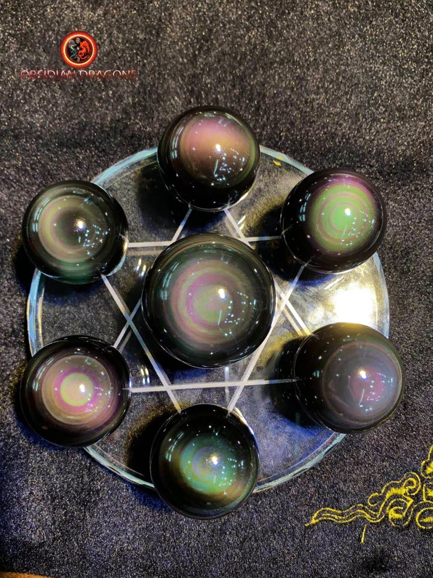 obsidiennes oeil celeste sur sceau de Salomon . sphères de qualités exceptionnelles - obsidian dragon