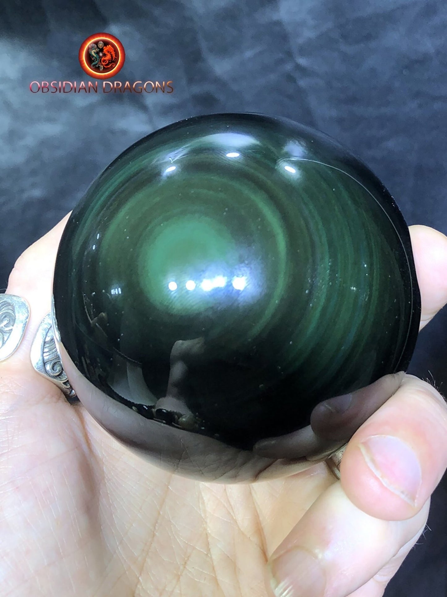 sphère en obsidienne oeil celeste de qualité A+. reflets argentées sur une face. - obsidian dragon