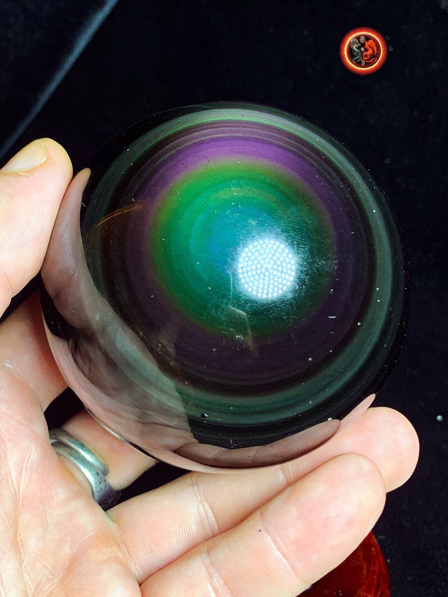 sphère en obsidienne oeil celeste de qualité A+. Mexique. Naturelle, travail exceptionnel 0.564 kg 7.52 cm de diamètre - obsidian dragon
