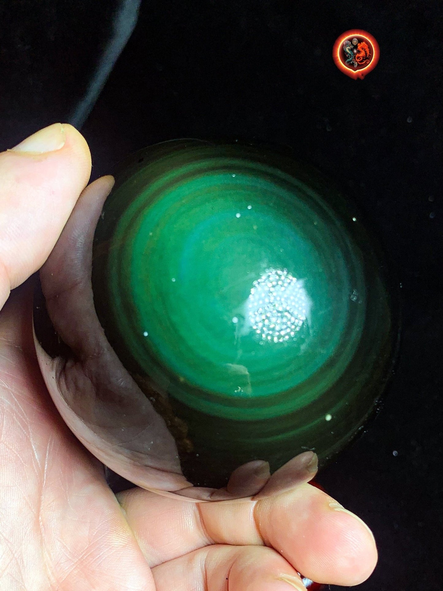 sphère en obsidienne oeil celeste de qualité A+. Mexique. Naturelle, travail exceptionnel 0.530 kg 7.37 cm de diamètre - obsidian dragon
