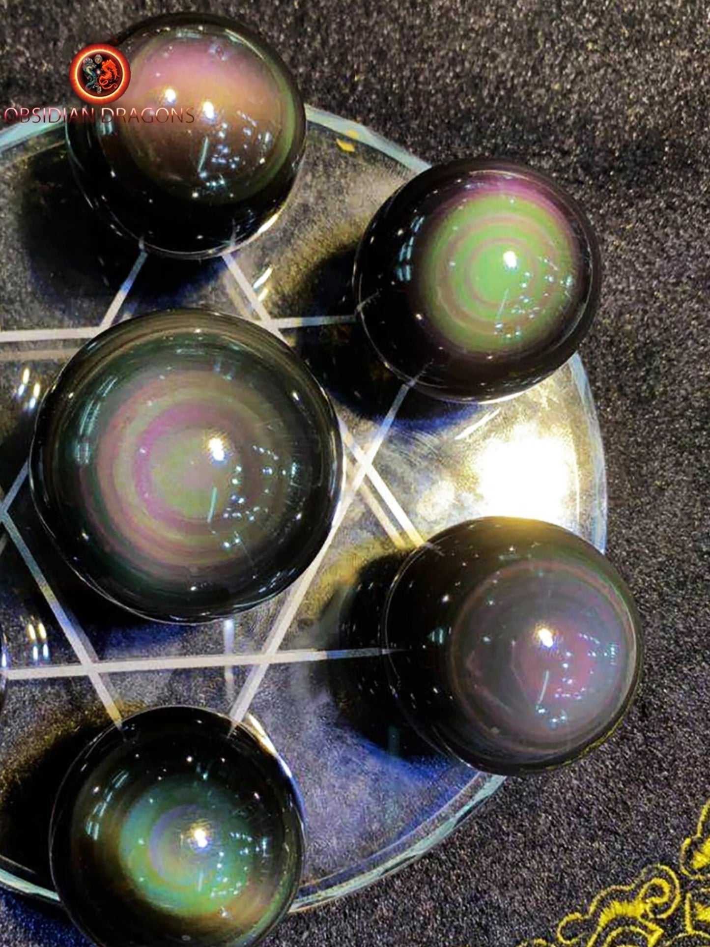 obsidiennes oeil celeste sur sceau de Salomon . sphères de qualités exceptionnelles - obsidian dragon