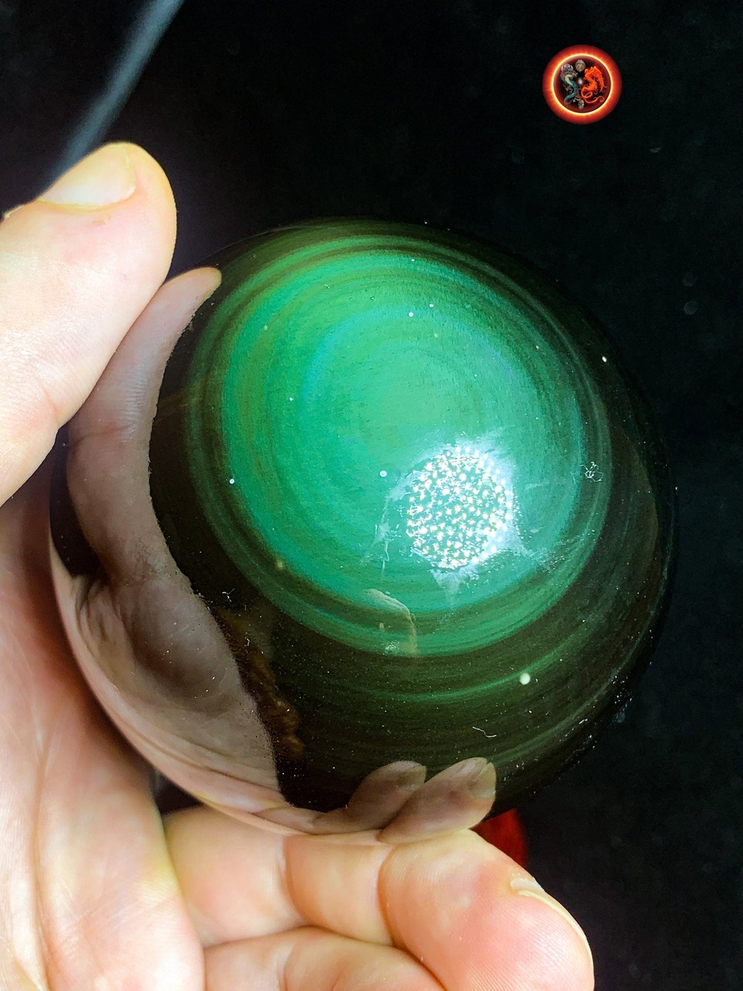 sphère en obsidienne oeil celeste de qualité A+. Mexique. Naturelle, travail exceptionnel 0.530 kg 7.37 cm de diamètre - obsidian dragon