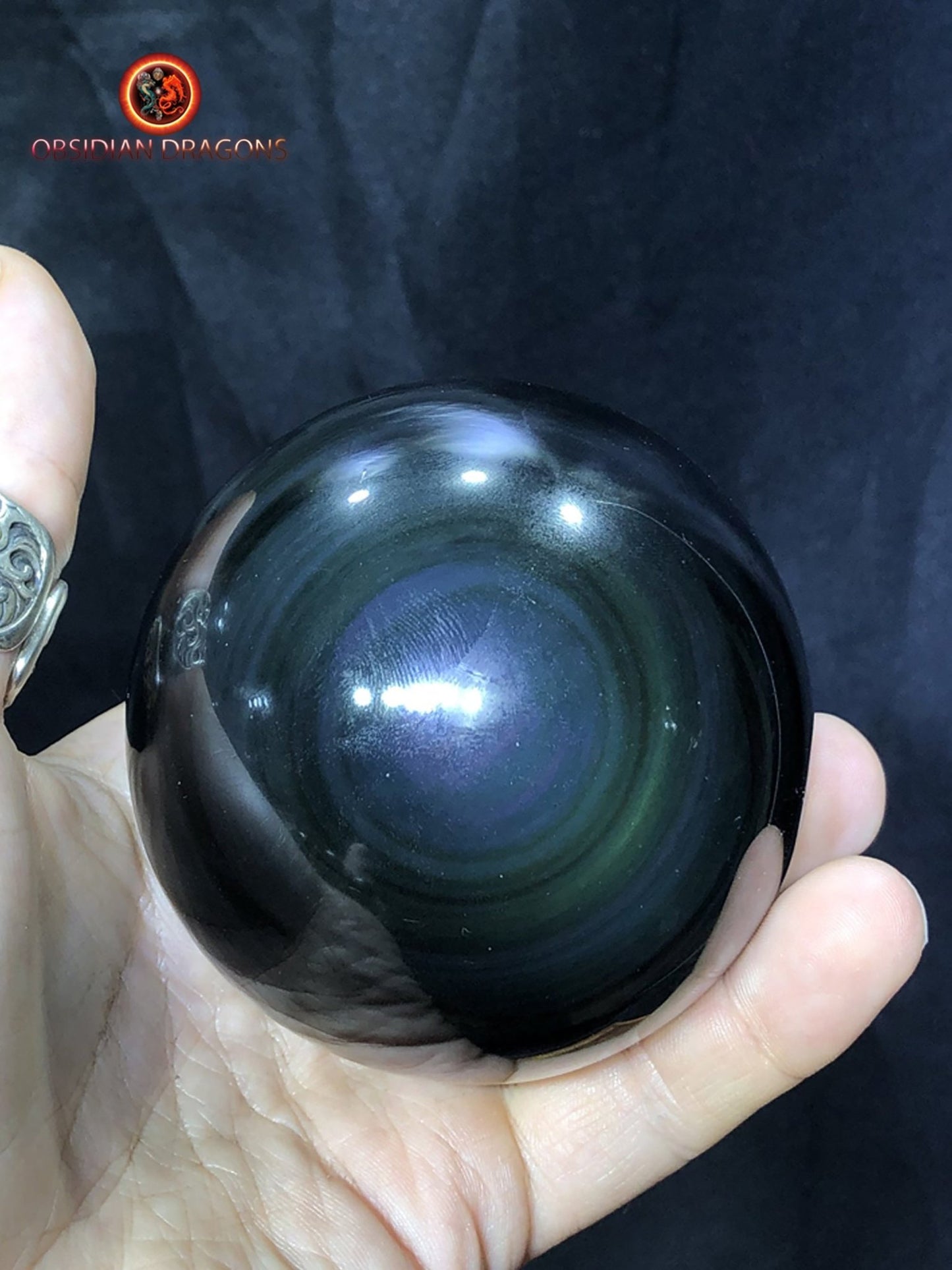sphère en obsidienne oeil celeste de qualité A+. 0,563 kg 25,9cm de circonférence 8,24cm de diamètre - obsidian dragon