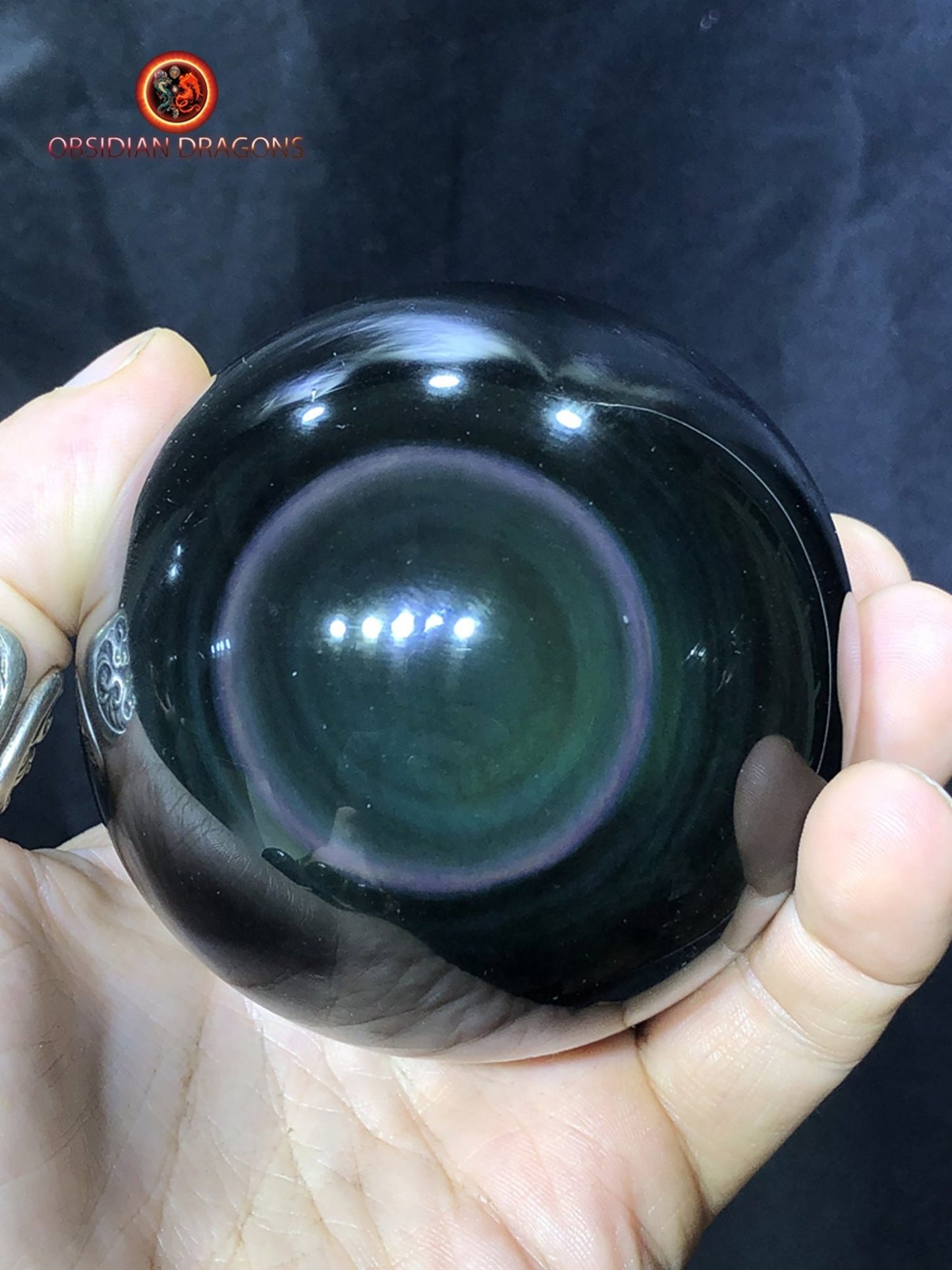 sphère en obsidienne oeil celeste de qualité A+. 0,563 kg 25,9cm de circonférence 8,24cm de diamètre - obsidian dragon
