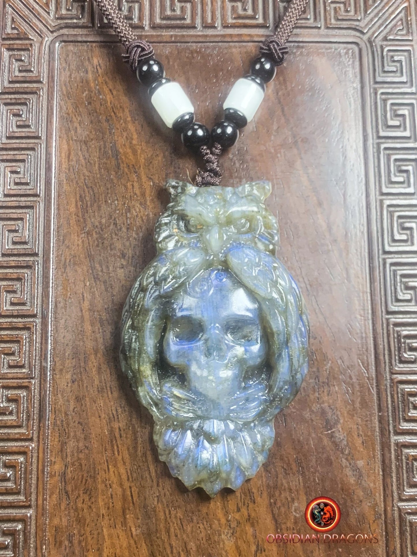 pendentif crâne et hibou en labradorite