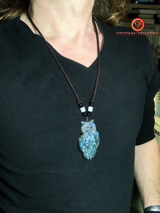 pendentif crâne et hibou en labradorite