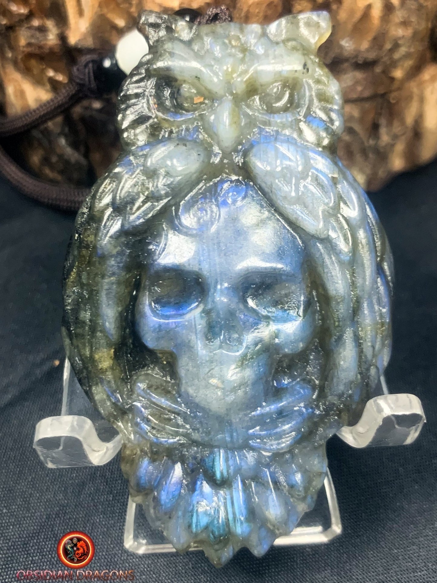 pendentif crâne et hibou en labradorite