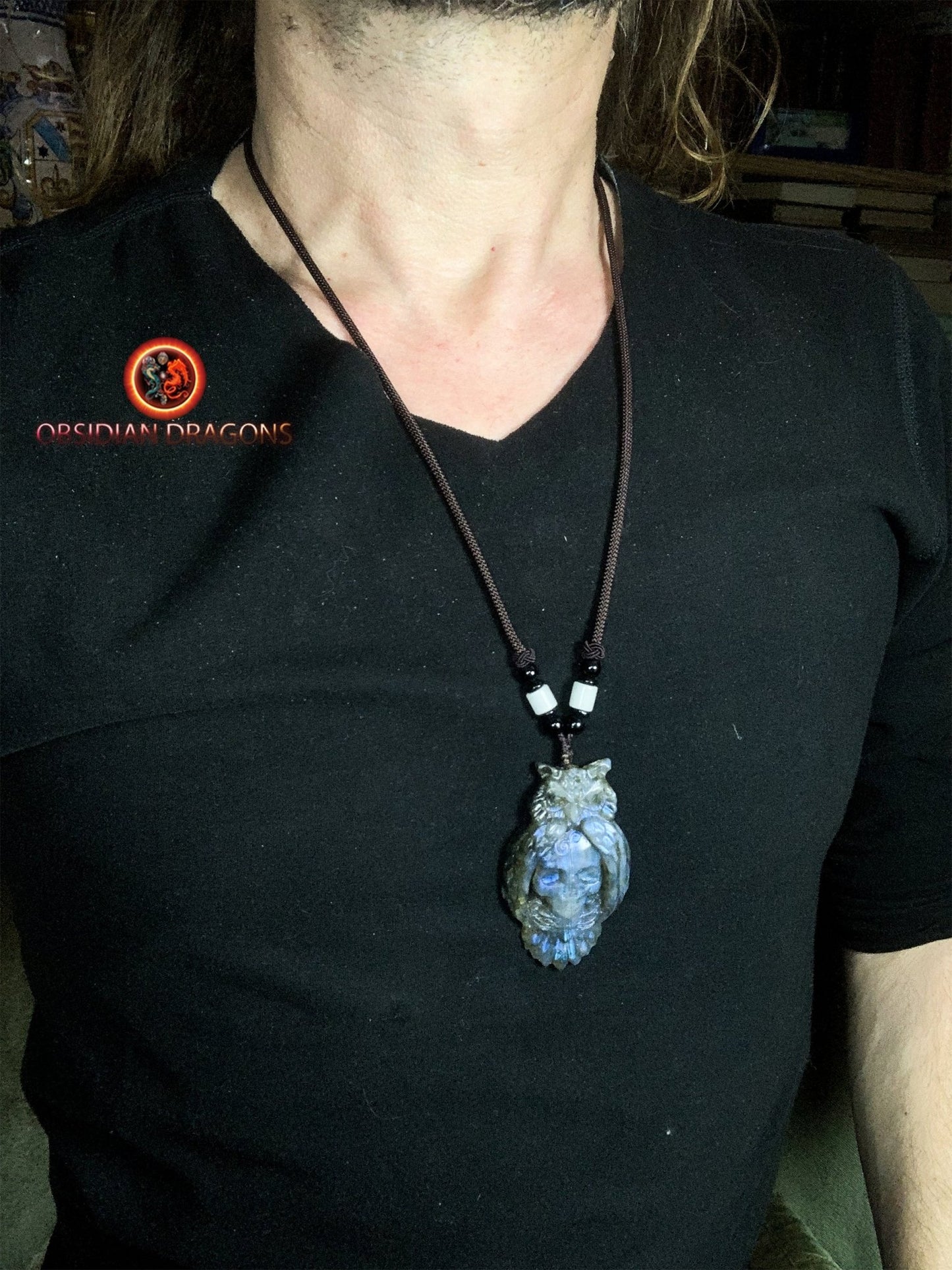 pendentif crâne et hibou en labradorite