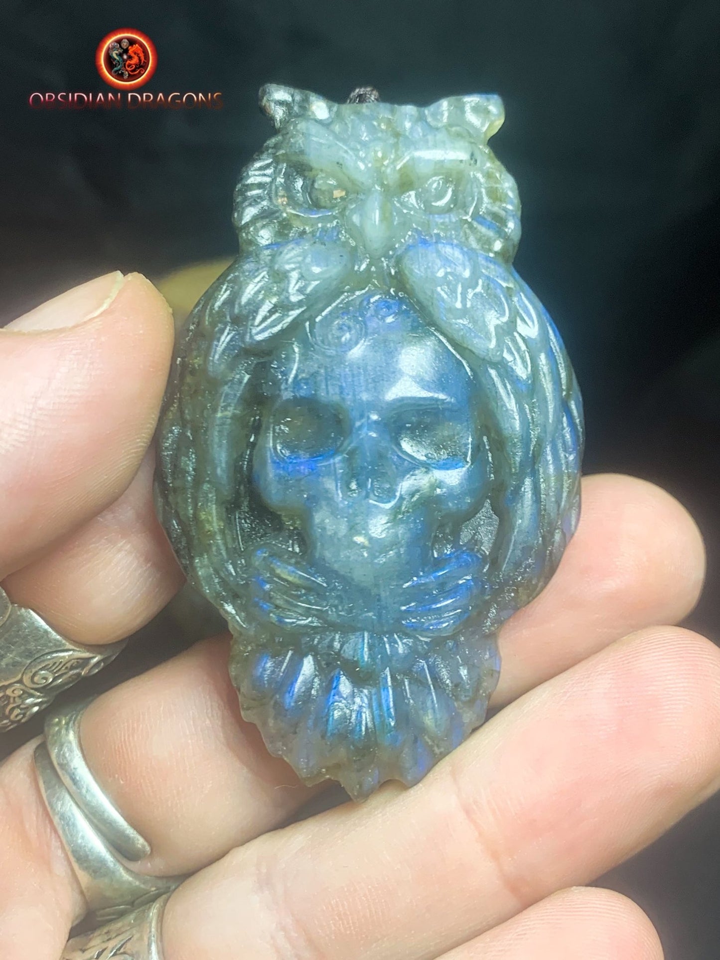 pendentif crâne et hibou en labradorite