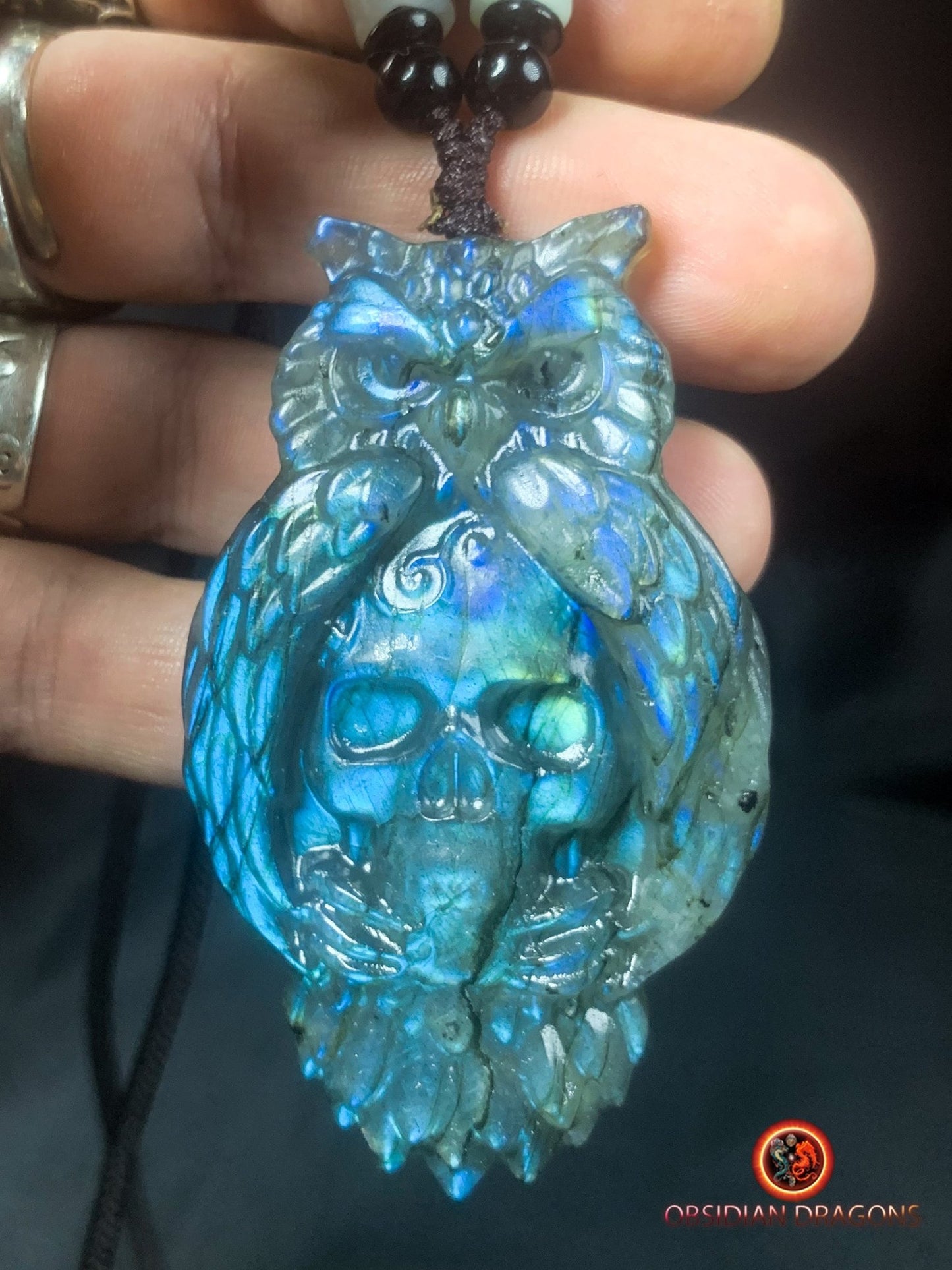pendentif crâne et hibou en labradorite