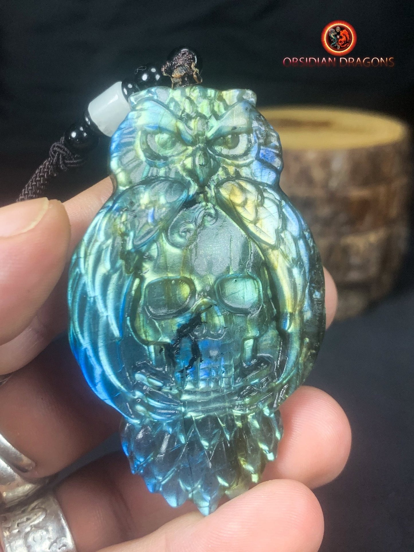 pendentif crâne et hibou en labradorite