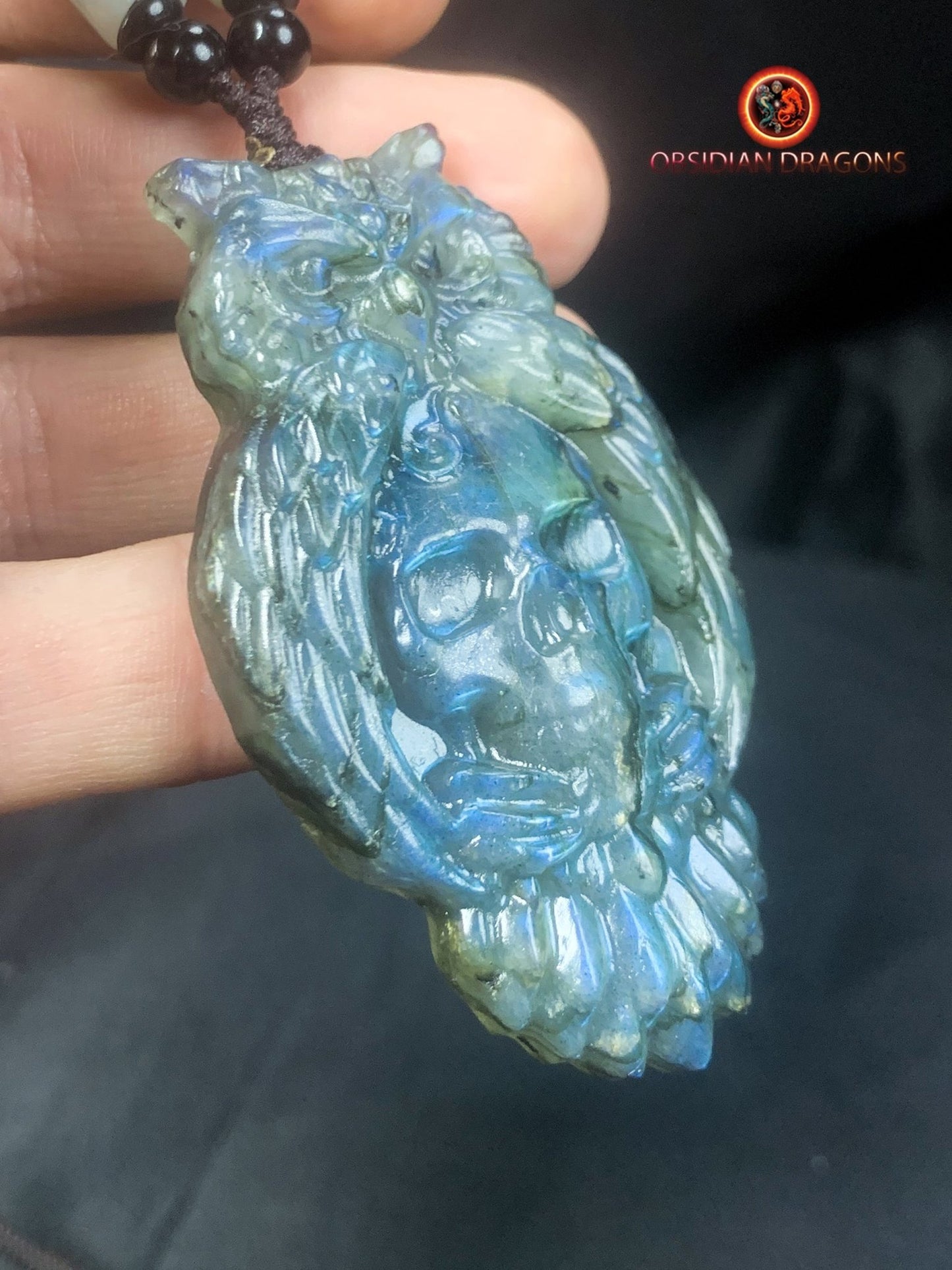 pendentif crâne et hibou en labradorite