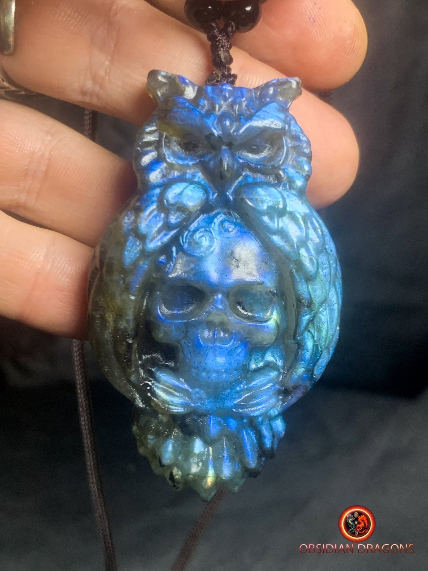 pendentif crâne et hibou en labradorite