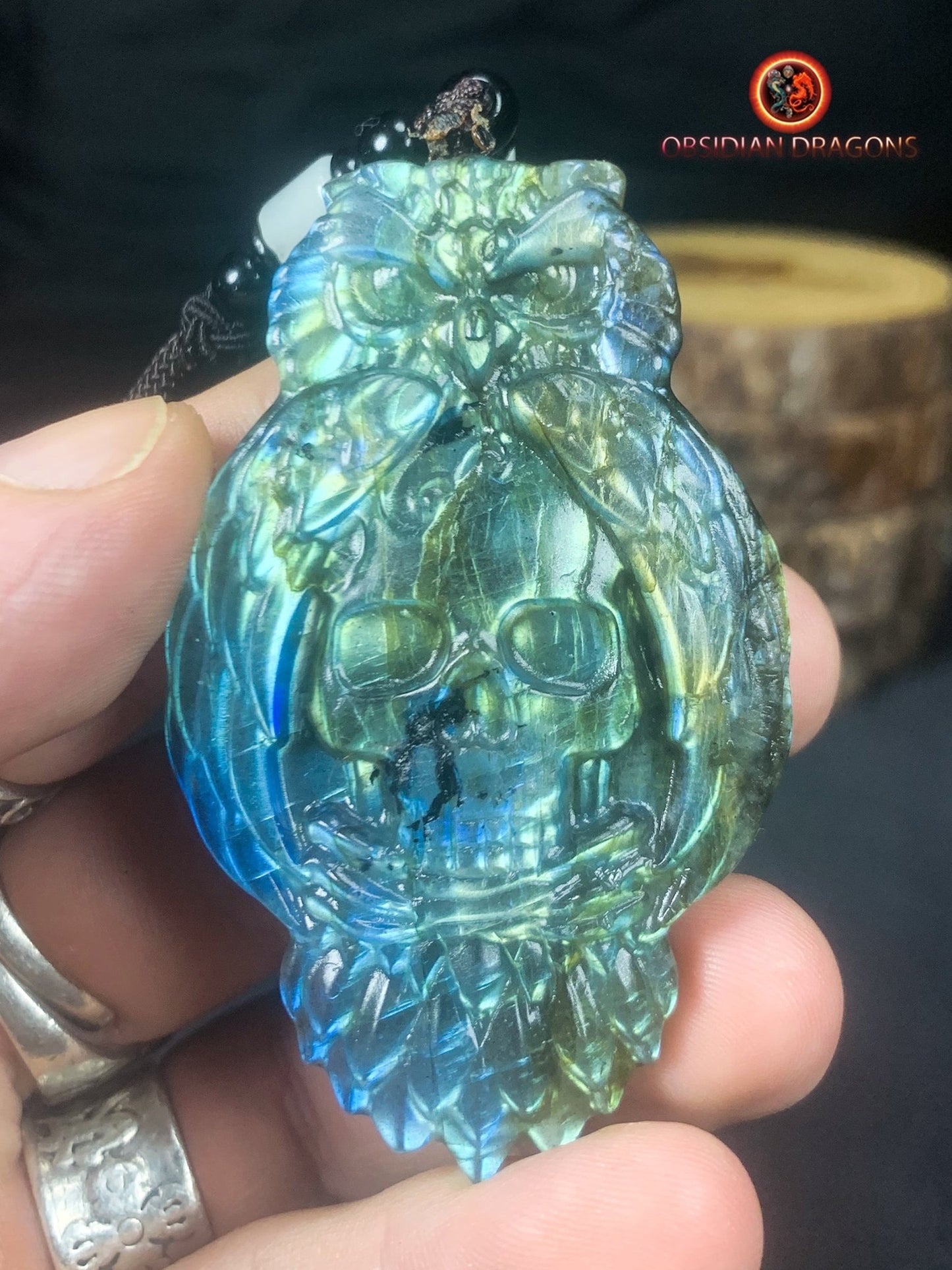 pendentif crâne et hibou en labradorite