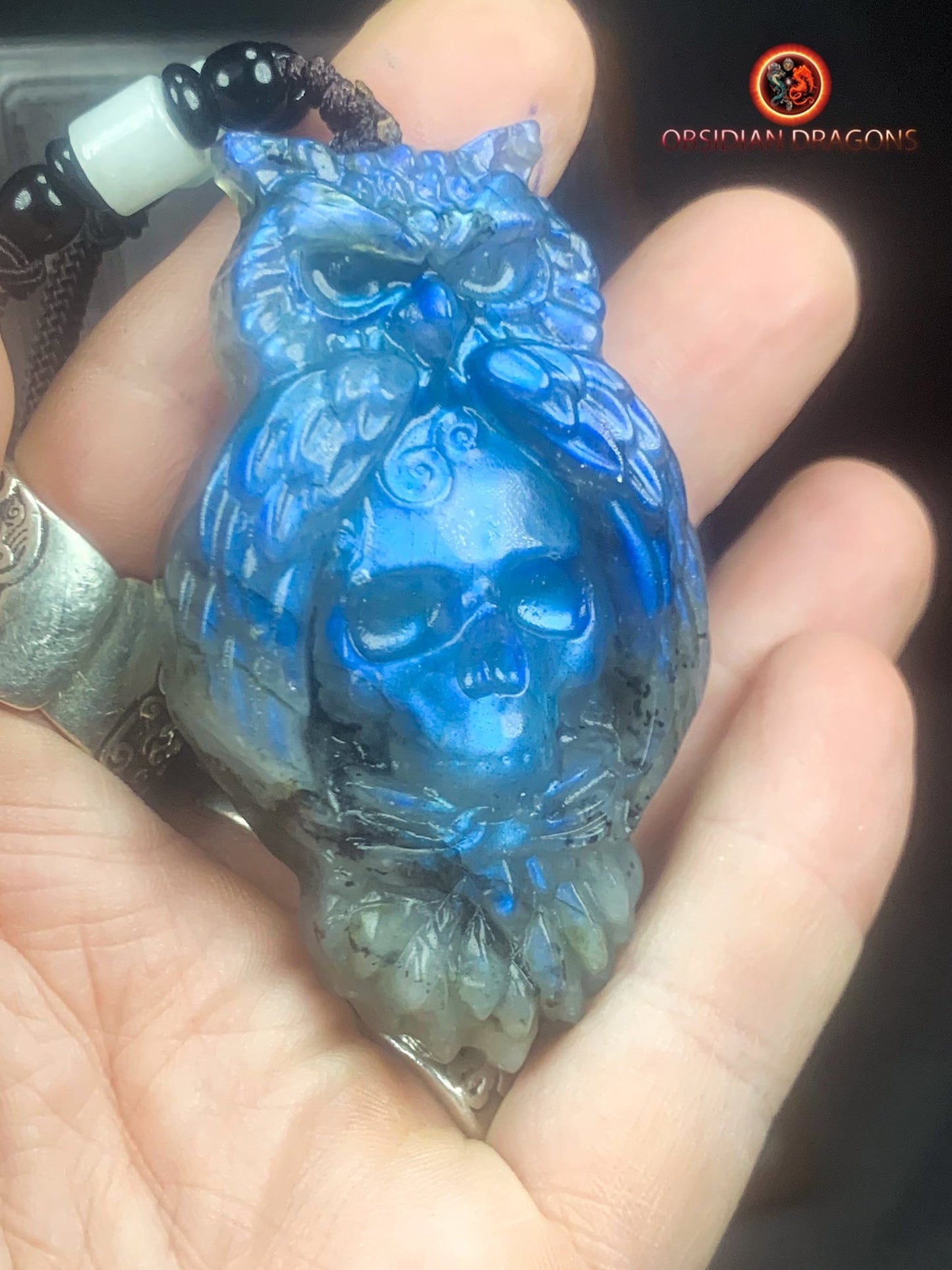 pendentif crâne et hibou en labradorite