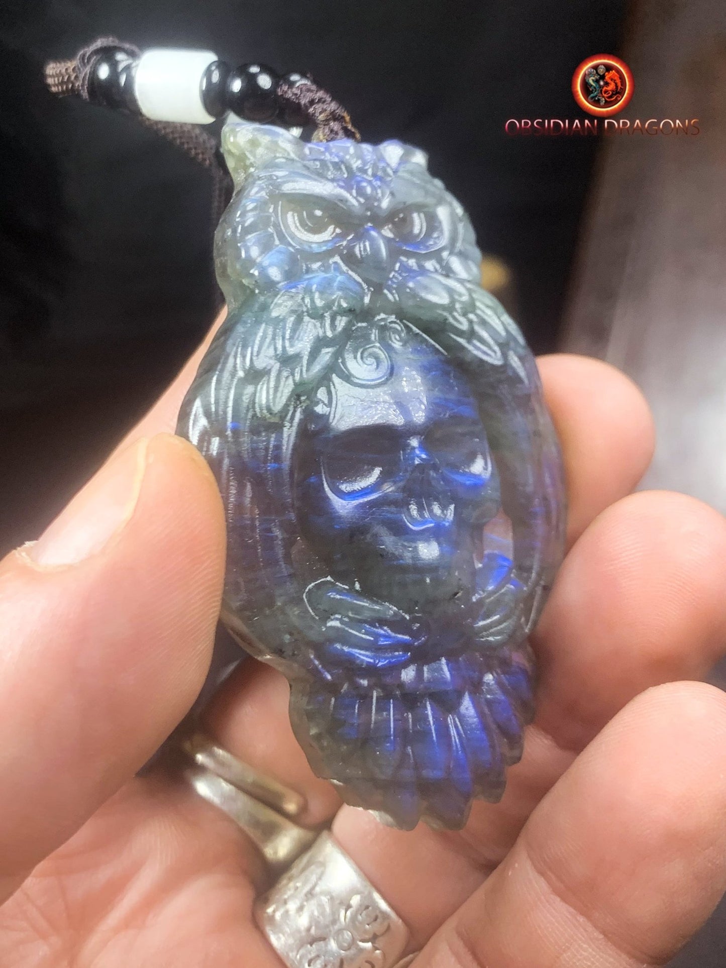 pendentif crâne et hibou en labradorite
