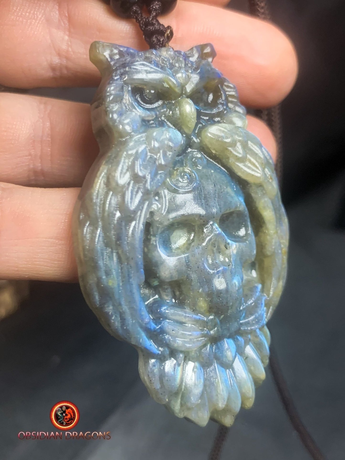 pendentif crâne et hibou en labradorite - obsidian dragons