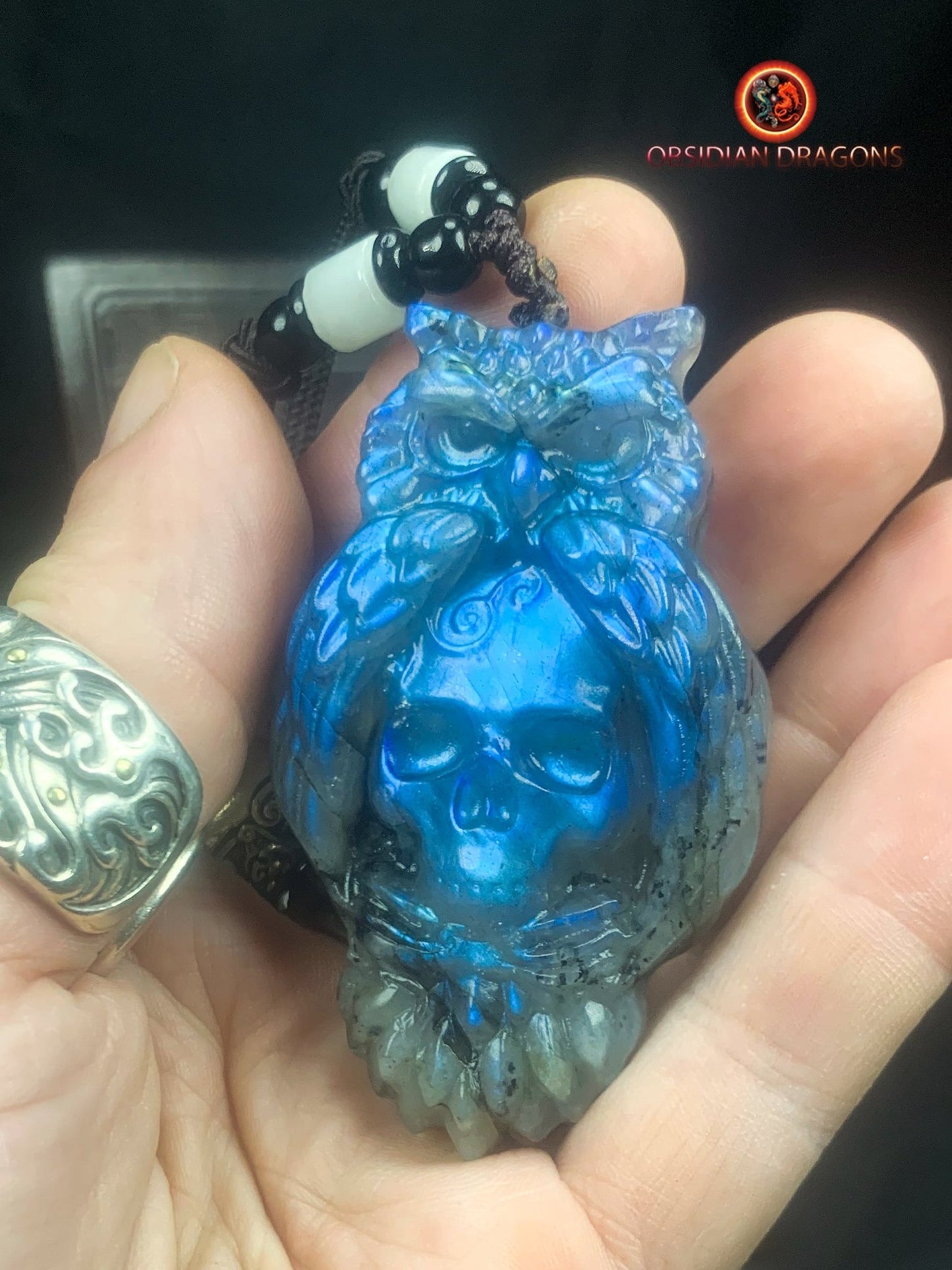 pendentif crâne et hibou en labradorite