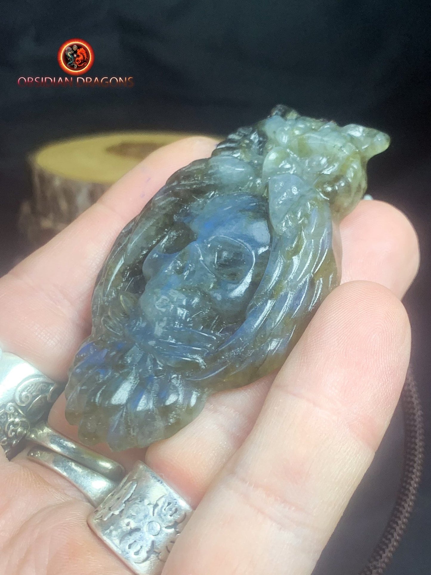 pendentif crâne et hibou en labradorite