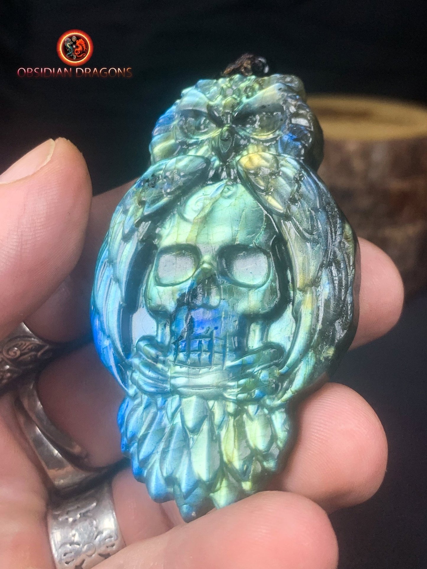 pendentif crâne et hibou en labradorite