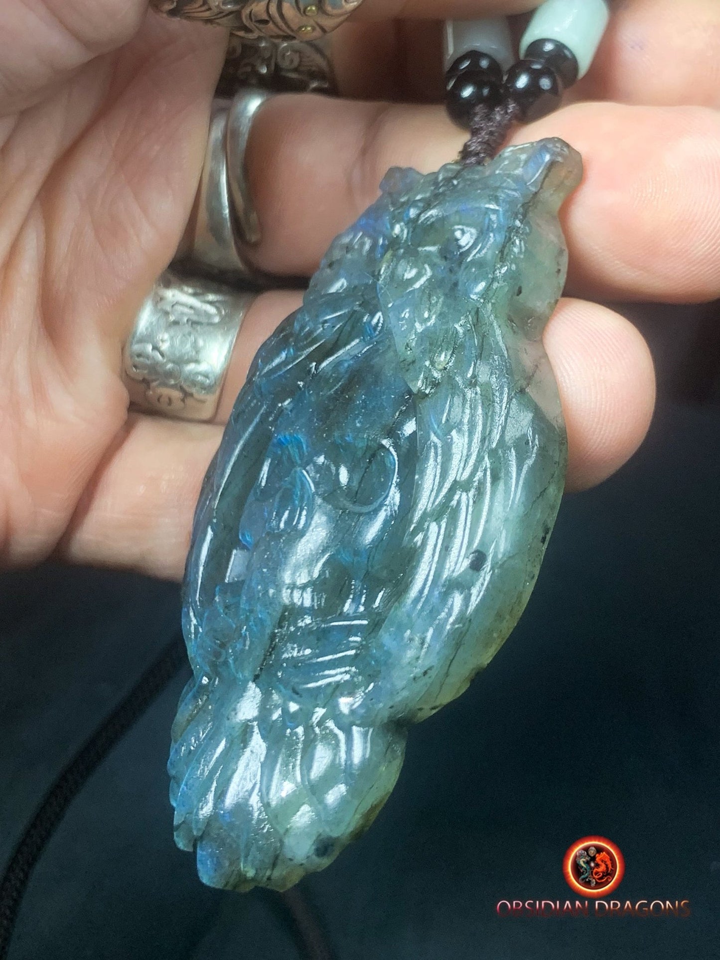 pendentif crâne et hibou en labradorite