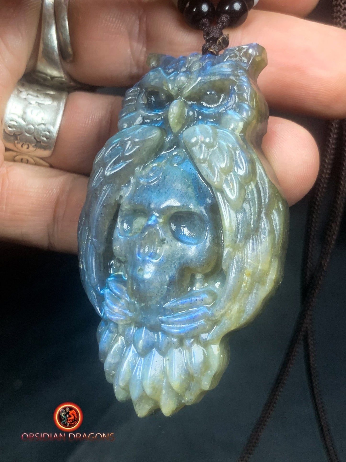 pendentif crâne et hibou en labradorite - obsidian dragons