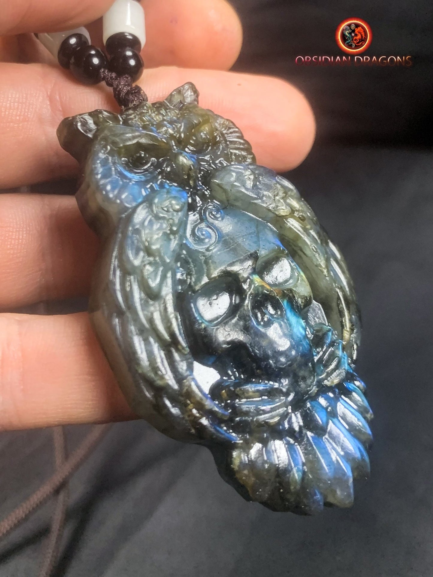 pendentif crâne et hibou en labradorite