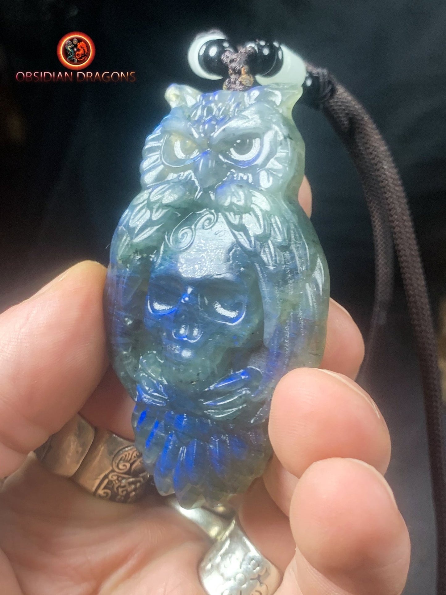 pendentif crâne et hibou en labradorite
